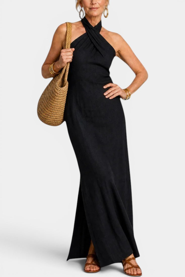 Apolline - Vestido Largo Halter Cruzado con Espalda Anudada