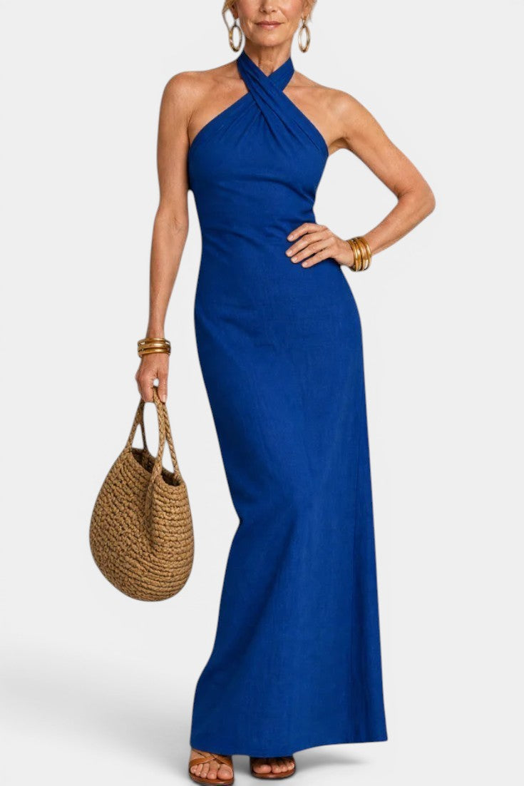 Apolline - Vestido Largo Halter Cruzado con Espalda Anudada