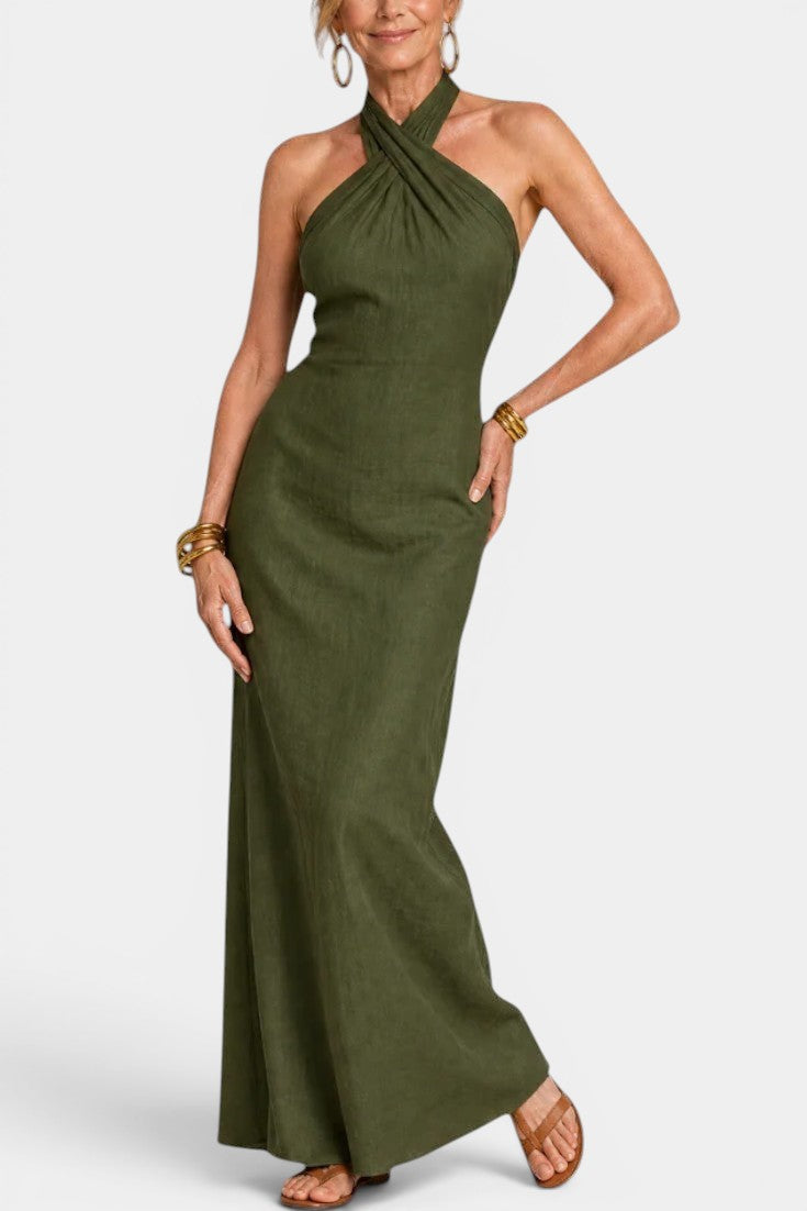 Apolline - Vestido Largo Halter Cruzado con Espalda Anudada