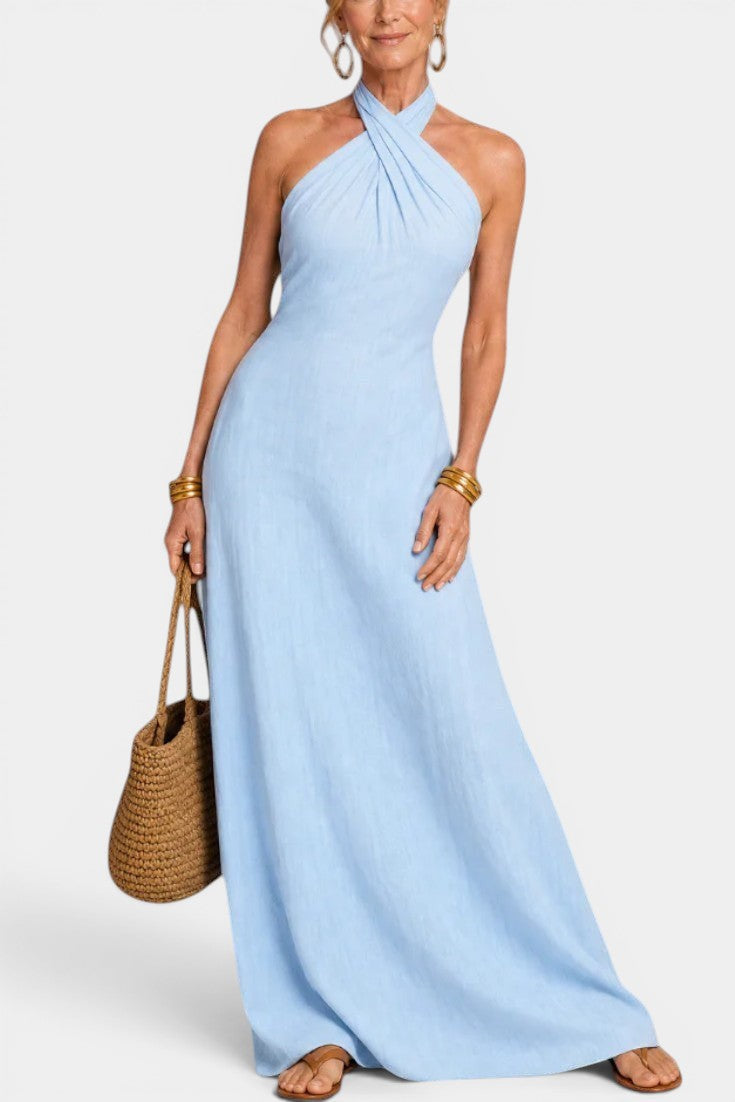 Apolline - Vestido Largo Halter Cruzado con Espalda Anudada