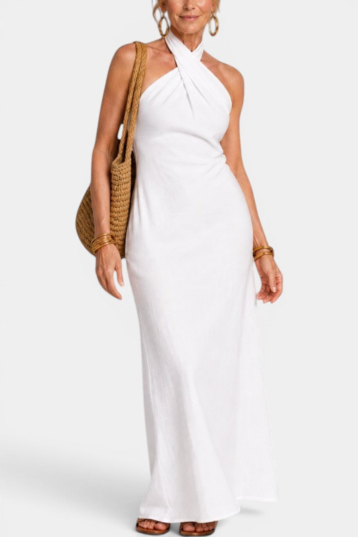 Apolline - Vestido Largo Halter Cruzado con Espalda Anudada