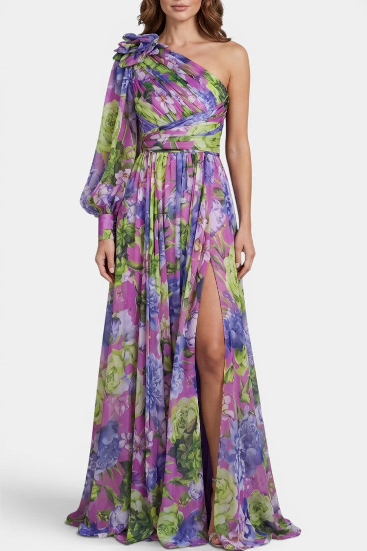 Avelisse - Vestido Largo Floral Hombro Asimétrico con Abertura