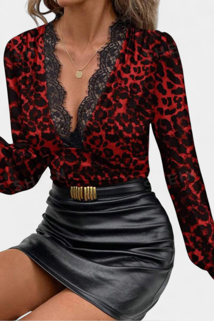 Sherita Blusa Vintage con Estampado de Leopardo y Escote en Encaje