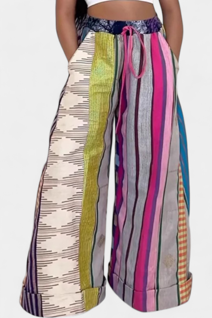 Claudine - Pantalón Ancho de Rayas con Cordón en Contraste