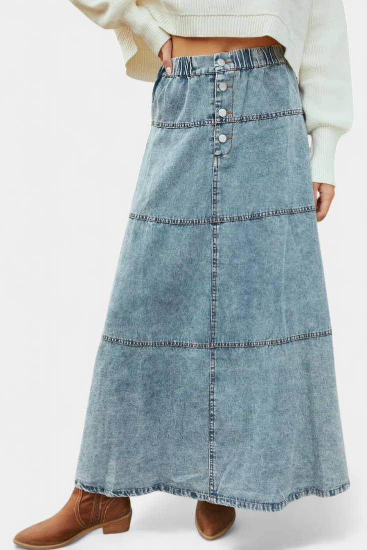 Lorraine - Falda Larga de Denim con Detalle de Plumas