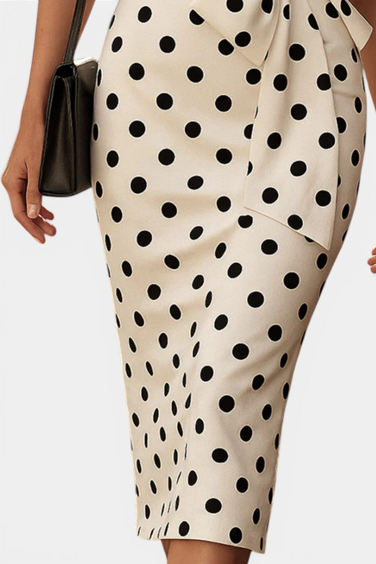 Caetana - Vestido Midi Tubo Escote en V Estampado de Lunares
