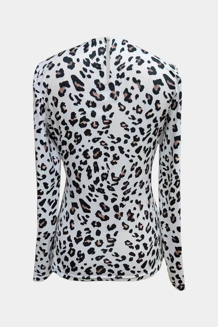Belane Top de Cuello Alto con Estampado de Leopardo Blanco