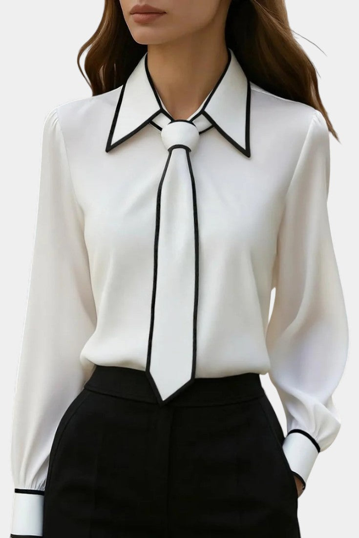 Maurine Blusa Marfil con Lazo en el Cuello y Acabados en Contraste