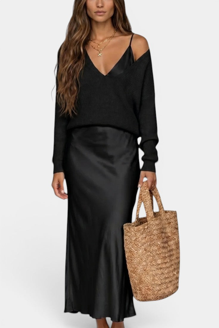 Léandra - Conjunto Jersey Cuello V & Vestido Lencero Satinado