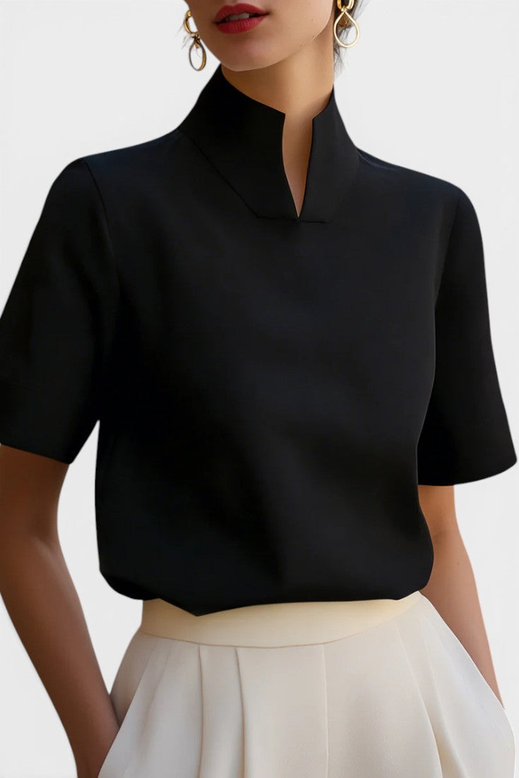 Harriet Blusa Cuello Mao Partido, Mangas Cortas con Vuelta y Dobladillo Elástico
