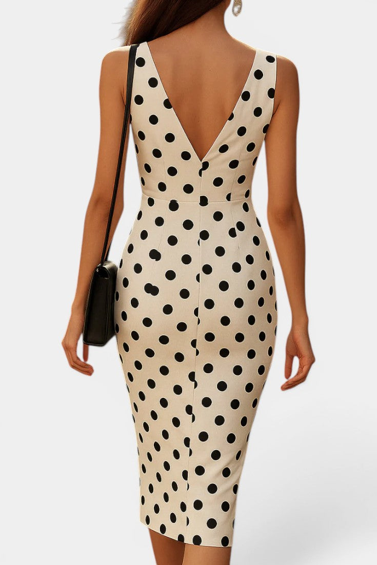 Caetana - Vestido Midi Tubo Escote en V Estampado de Lunares