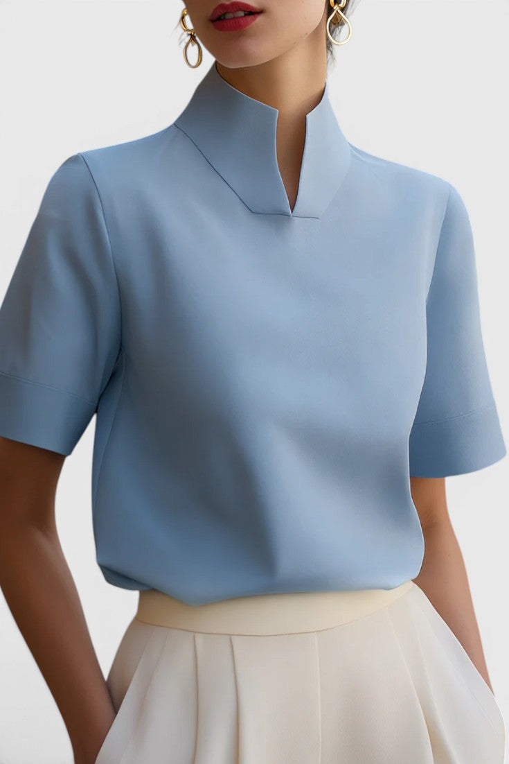 Harriet Blusa Cuello Mao Partido, Mangas Cortas con Vuelta y Dobladillo Elástico
