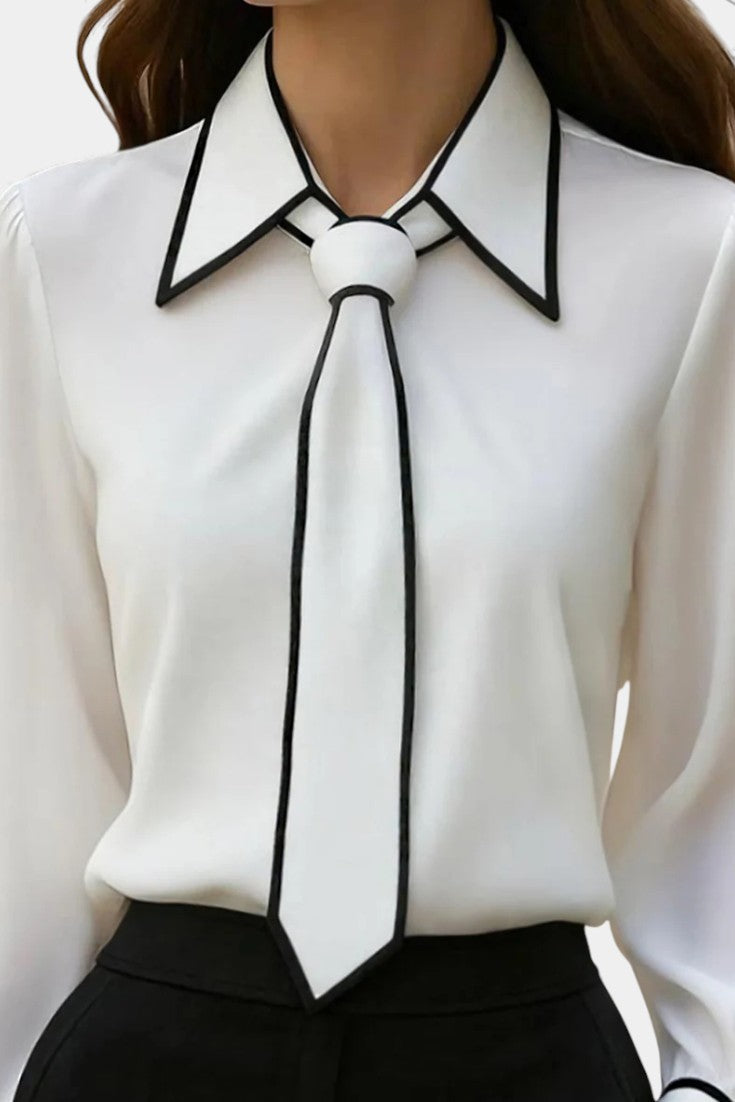 Maurine Blusa Marfil con Lazo en el Cuello y Acabados en Contraste