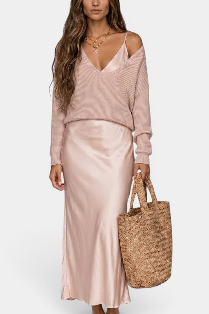 Léandra - Conjunto Jersey Cuello V & Vestido Lencero Satinado