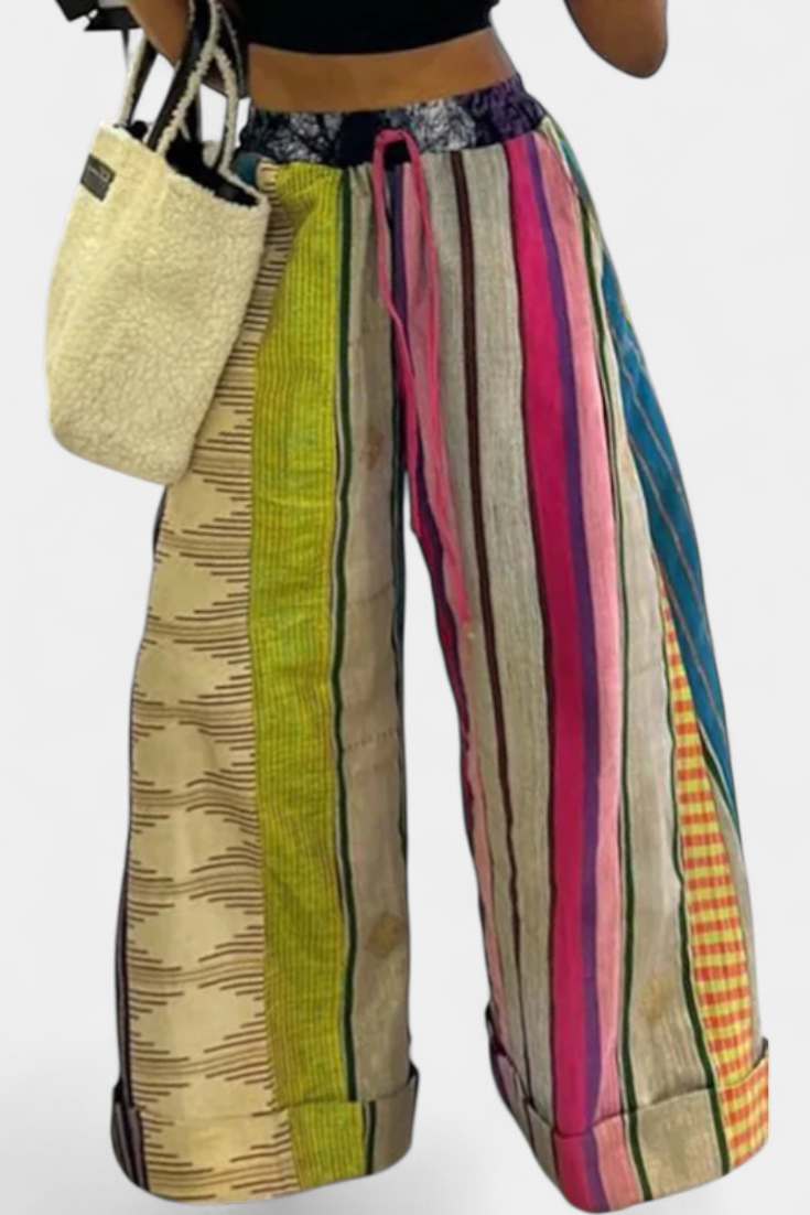 Claudine - Pantalón Ancho de Rayas con Cordón en Contraste
