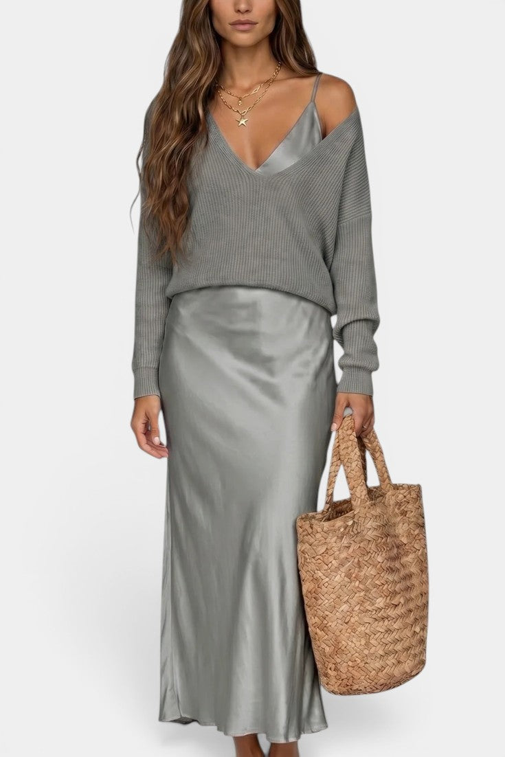 Léandra - Conjunto Jersey Cuello V & Vestido Lencero Satinado