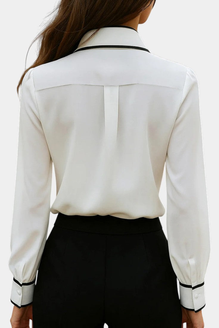 Maurine Blusa Marfil con Lazo en el Cuello y Acabados en Contraste