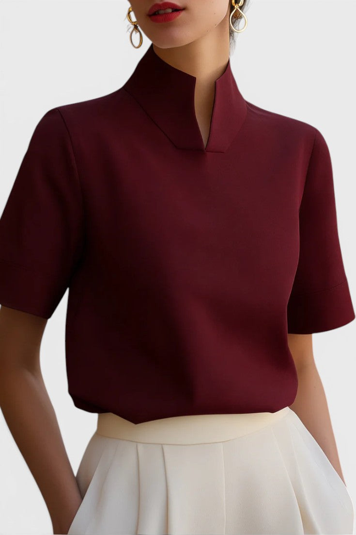Harriet Blusa Cuello Mao Partido, Mangas Cortas con Vuelta y Dobladillo Elástico
