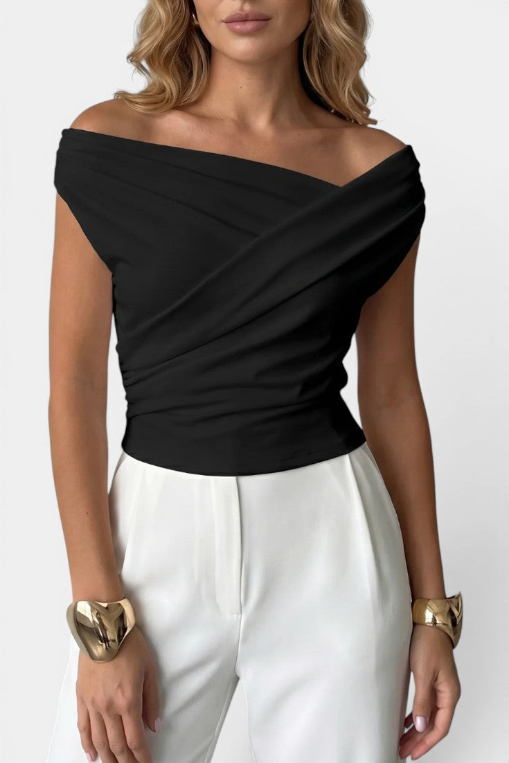 Retha - Blusa Elegante Sin Mangas con Cuello Asimétrico Cruzado