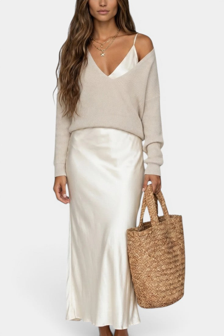 Léandra - Conjunto Jersey Cuello V & Vestido Lencero Satinado
