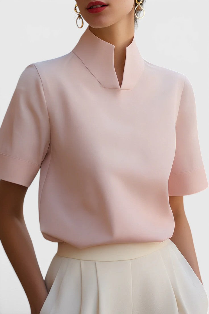 Harriet Blusa Cuello Mao Partido, Mangas Cortas con Vuelta y Dobladillo Elástico