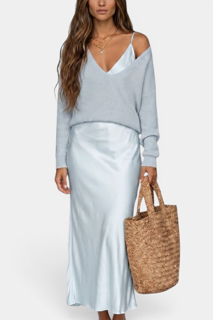 Léandra - Conjunto Jersey Cuello V & Vestido Lencero Satinado