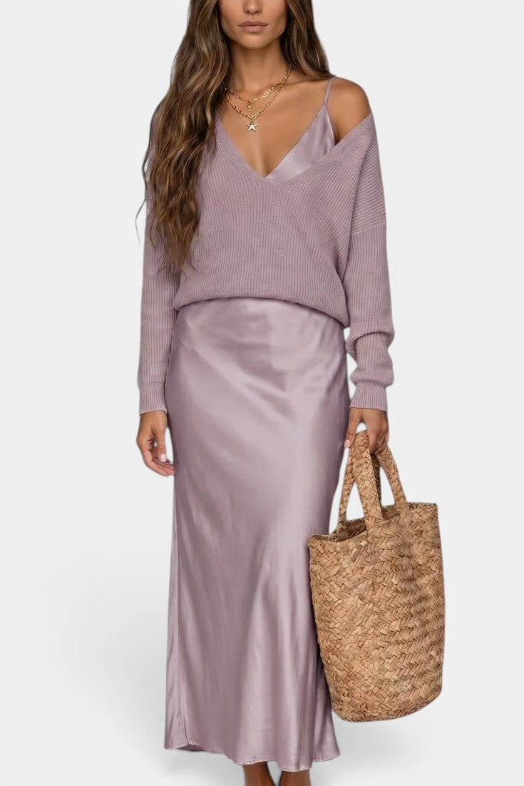 Léandra - Conjunto Jersey Cuello V & Vestido Lencero Satinado