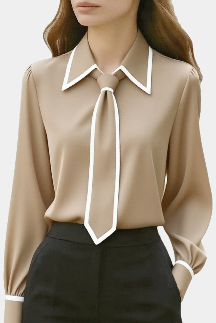 Maurine Blusa Marfil con Lazo en el Cuello y Acabados en Contraste