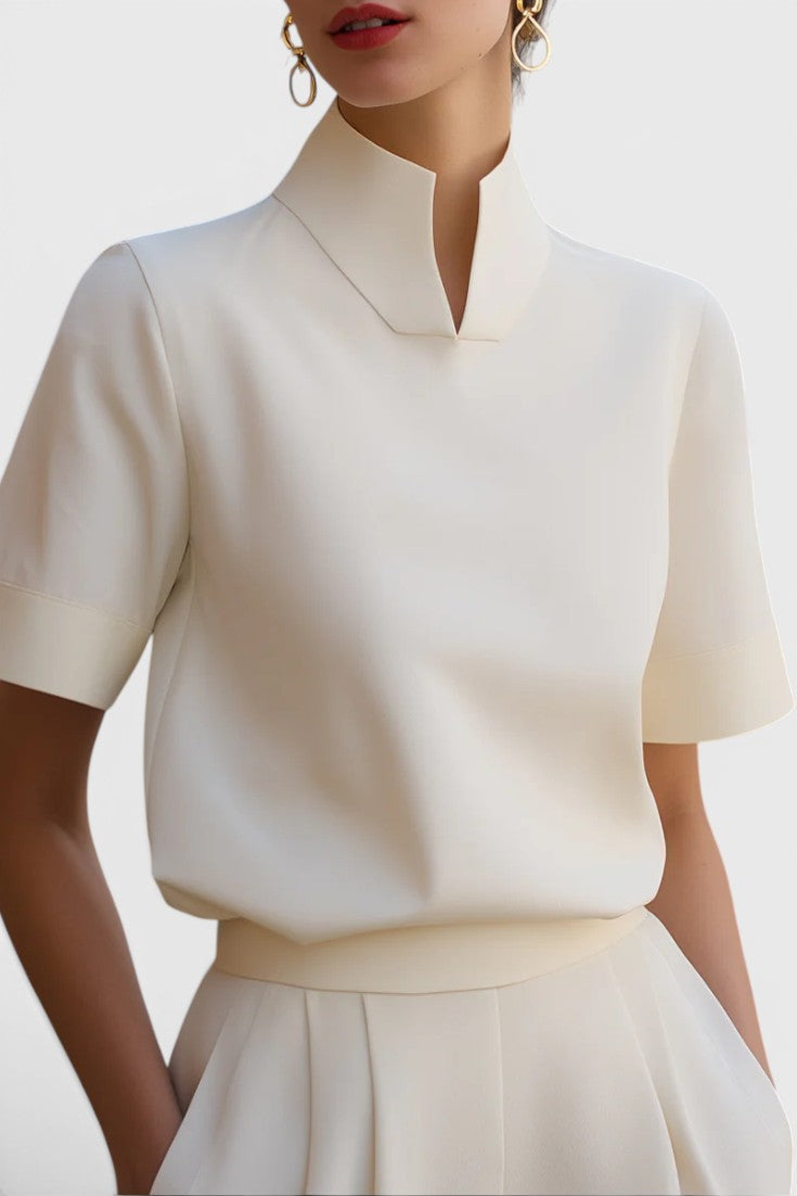 Harriet Blusa Cuello Mao Partido, Mangas Cortas con Vuelta y Dobladillo Elástico