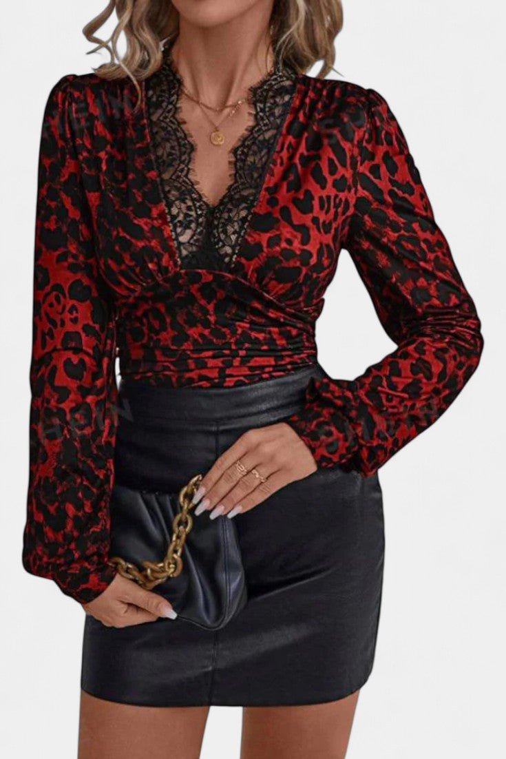 Sherita Blusa Vintage con Estampado de Leopardo y Escote en Encaje