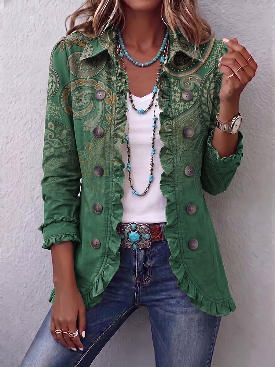 Costanza | Chaqueta Boho Paisley Verde con Volantes