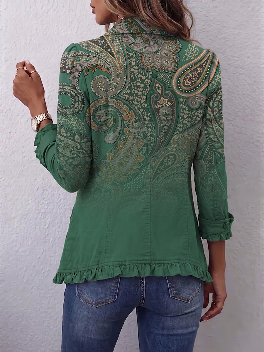 Costanza | Chaqueta Boho Paisley Verde con Volantes