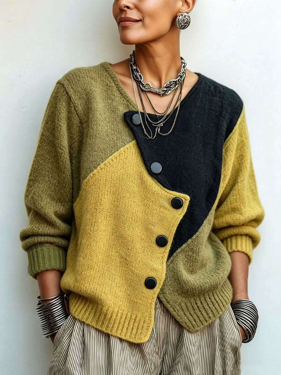 FREYA | Cárdigan de punto bicolor con botones asimétricos