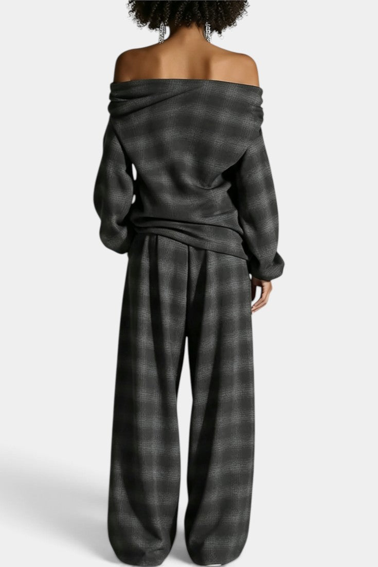 Isidora - Conjunto Amplio Hombros Descubiertos y Pantalón Ancho de Cuadros