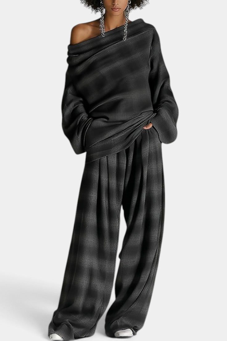 Isidora - Conjunto Amplio Hombros Descubiertos y Pantalón Ancho de Cuadros