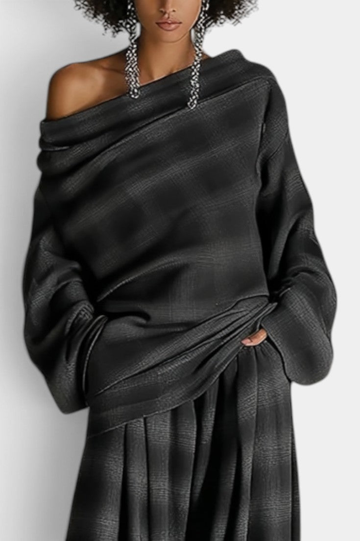 Isidora - Conjunto Amplio Hombros Descubiertos y Pantalón Ancho de Cuadros